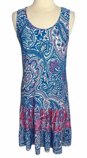 MSK Drop Waist Sleeveless Tiered Midi Dress Bright Blue Paisley, Medium‎ thumbnail 1