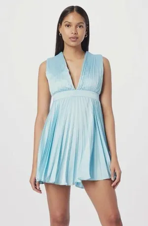 NWT Abercrombie & Fitch Plunge Pleated Satin Mini Dress Sky Blue LT thumbnail 1