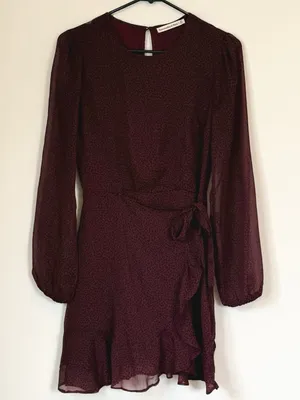 Abercrombie & Fitch Burgundy Long-Sleeve Wrap Mini Dress - Size: Extra Small thumbnail 2