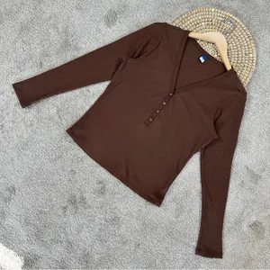 Old Navy Women’s Fitted Long-Sleeve Rib-Knit Henley Top Shirt in Espresso Bark L thumbnail 5