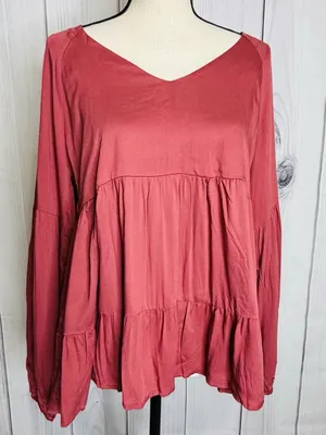 Andree By Unit Peplum Tunic Blouse Top Dark Dusty Pink Sz Large V-Neck NWT thumbnail 1