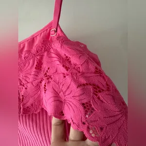 Aerie Hot Pink Ribbed Crop‎ Cami Back Floral Lace Detail Bralette Top thumbnail 4