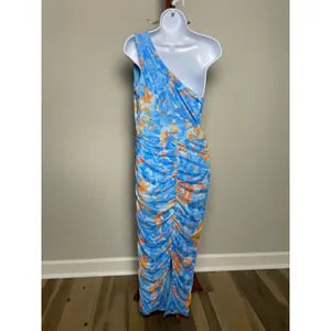 Pretty Garden One‑Shoulder Bodycon Dress Size L Light Blue Orange Accents thumbnail 4
