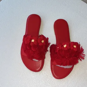 New Red Slide Sandal Tassel Pom Pom Faux Suede Slip On Bohemian Sz-8 thumbnail 9