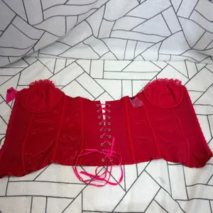 Victoria's Secret Corset Top 36C Red‎ Excellent Lace Up Satin Polka Dot Bow thumbnail 6