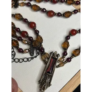 Vintage Multi-Strand Necklace With Red & Amber Beads Bronze Pendant & Chain Intr thumbnail 2
