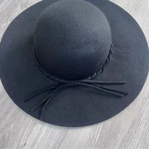 Women's Black Wide Brim Floppy Wool Hat Bow Boho Chic Fall Winter thumbnail 2