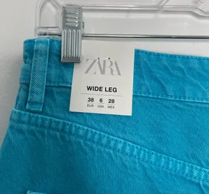 ZARA Wide Leg Blue Colored Denim High Waisted Raw Hem Jeans thumbnail 9