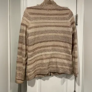 L.L. Bean Tan Striped Cotton Mock Neck Full Zip Knit Cardigan Sweater Size S P thumbnail 7