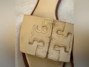 Tory Burch Cream Leather Logo Slide Sandals with Brown Trim size 5.5 thumbnail 4