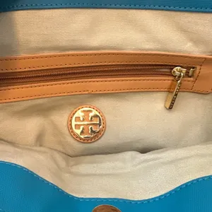 Tory Burch Jaden Tote Blue Canvas‎ Coconut Tan Leather Shopper Bag thumbnail 12
