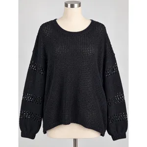 Knox Rose Womens XL Black Pointelle Long Sleeve Knit Crewneck Sweater Relaxed thumbnail 2