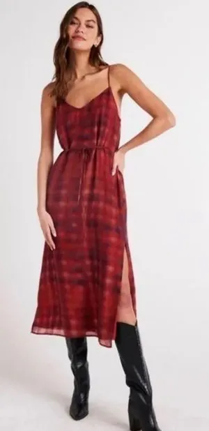 Bella Dahl V-Neck Tencel Plaid Slip Midi Dress in Burgundy Red | Size Small thumbnail 1