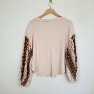 We the Free Blossom pale peachy pink thermal with patterned balloon sleeves. XS thumbnail 5