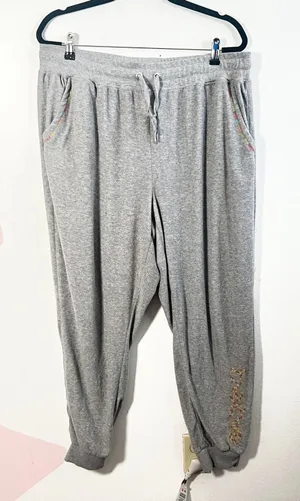 Vtg Y2K Bebe Logo Joggers Womens 2X Gray Rainbow Trim Sweatpants‎ 2000s thumbnail 1