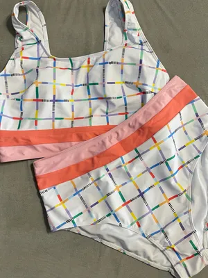 High-Waist Plaid Bikini Scoop Neck Pink Band Patchwork Wire Free Wide Strap L thumbnail 7