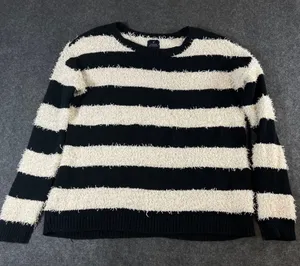 American Eagle Vintage Boyfriend Sweater Black Cream Striped Eyelash Knit Large thumbnail 1