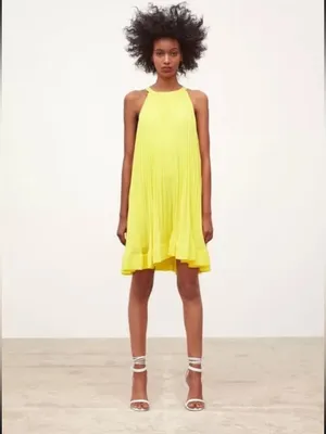 Zara Size XS Pleated Yellow Knee Length Halter Dress thumbnail 2