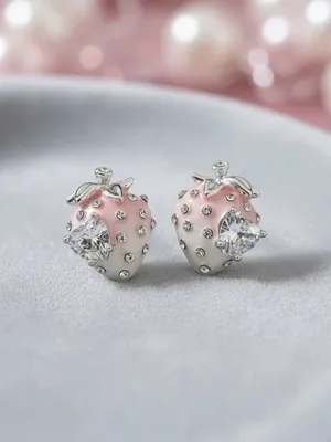 Silver Tone Pink Strawberry Crystal Stud Earrings thumbnail 2