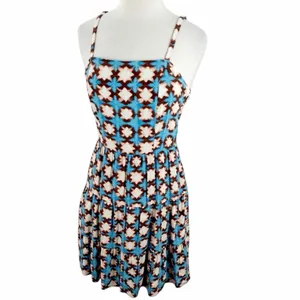 LOFT Geo Print Mini Dress Boho Indie Coastal Summer Size 6 Blue Spaghetti Strap thumbnail 5