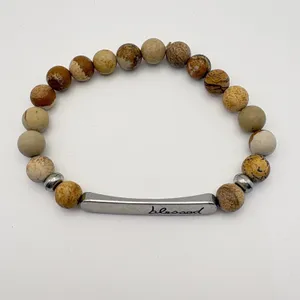 Blessed Bar Beaded Bracelet Women OS‎ Brown Jasper Stone Faith Jewelry Religious thumbnail 3