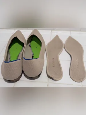 Rothy's Pointed Toe Knit Flats in Light Beige with Blue Trim thumbnail 16