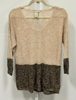 White + Warren Linen Cotton‎ Blend Colorblock Knit V-Neck Sweater Beige Small thumbnail 1