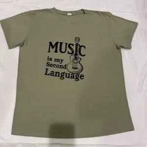 Music Is My Second Language Graphic‎ T-Shirt Olive Green Cotton XL Short Sleeve thumbnail 1