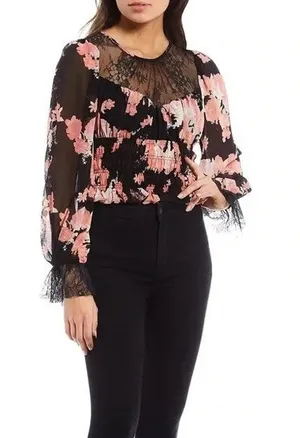 Free People Daphne Floral Lace Blouse In Midnight Combo NWT XS thumbnail 1