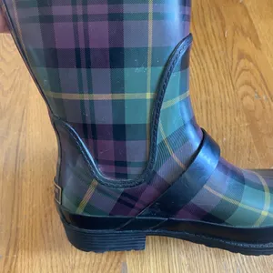 LL Bean Wellie Rain Boots Women 7 Purple Green Plaid Buckle Tall Preppy Heritage thumbnail 9