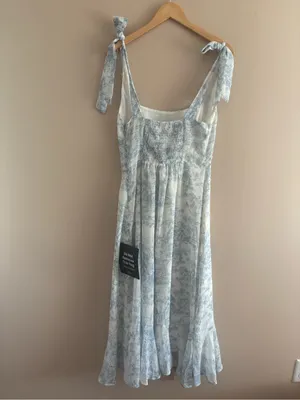 Lulus Summer Invite White and Blue Toile Tie-Strap Tiered Midi Dress Size Large thumbnail 5