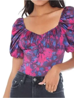 For Love & Lemons Floral Puff-Sleeve Square Neck Bodysuit in Magenta and Purple thumbnail 1