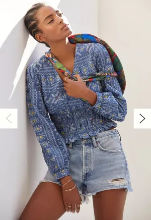 Forever That Girl Anthropologie Wmn's Blue Top Sz S Smocked Embroidered Festival thumbnail 1