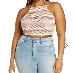NWT BP. Crochet Halter Top In Purple Multi Cottage Stripe 1X thumbnail 1