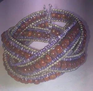Wooden Beaded Brown & Purple Boho Wrap Cuff Bracelet thumbnail 1