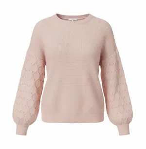 Women's Cream Textured Knit Balloon Sleeve Sweater Size L thumbnail 1