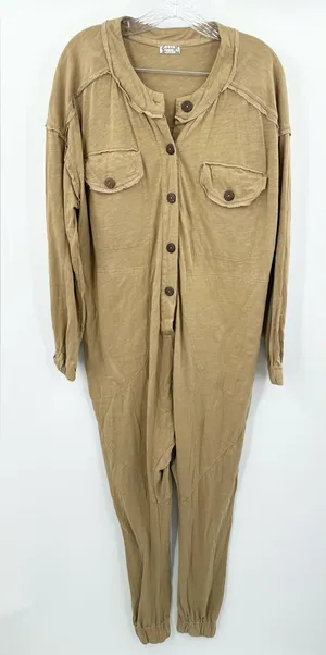 Free People Long‎ John Tan Drop Crotch Slouch Jumpsuit Size Small thumbnail 1