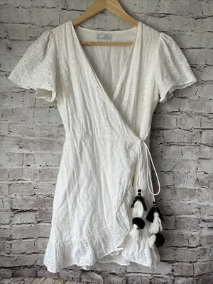 trf‎ collection ZARA White Eyelet Mini Wrap Dress V Neck BOHO Women’s S thumbnail 1