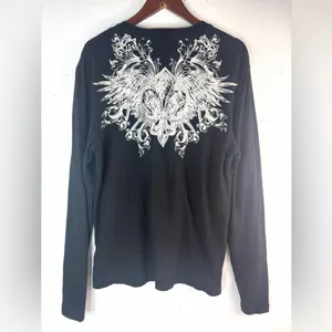 Guess L Black Long Sleeve Affliction Style Tee Top with Ornate Design thumbnail 3