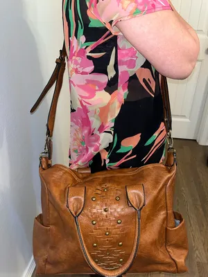 Steve Madden Brown Faux Leather Satchel Crossbody Bag Studded Boho Tote thumbnail 4
