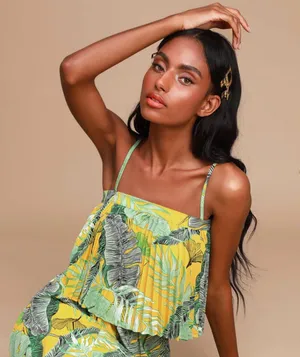 Lulus Chase the Sun Yellow Tropical Print Pleated Crop Top - M thumbnail 1