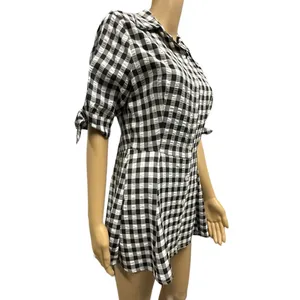 Kate Lily Gingham Short Tie Sleeve Button Up Tunic Blouse Black White Womens 8 thumbnail 6