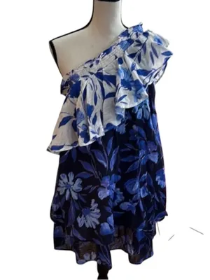 Anthropologie Boho Floral One-Shoulder Ruffle tier Mini Dress Resortwear fairy thumbnail 8