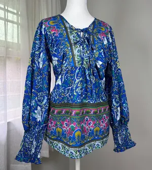 Royal Blue Multicolored Floral Print Double Tie Neck Bishop Sleeve Blouse thumbnail 1
