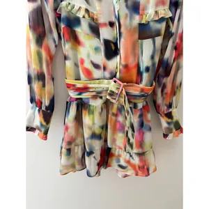 ALEXIS Leonie Mini Dress Abstract Print Long Sleeve Ruffle Tiered Belted Flowy S thumbnail 5