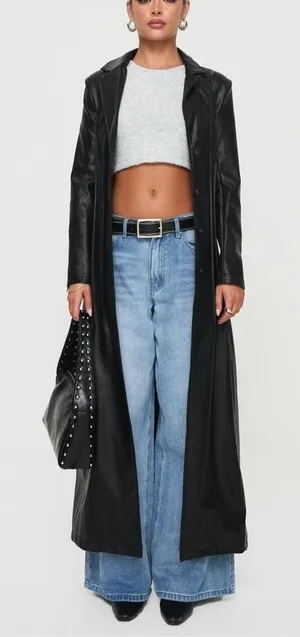Princess Polly Speak Easy Long Line Faux Leather Coat Black thumbnail 1