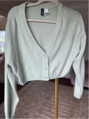 H&M Divided Knit Cropped Cardigan V Neck Button Coastal Preppy Mint Green L Boho thumbnail 2