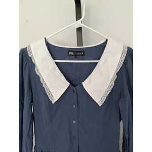 Zara Bib Oversized Collar Blue Mini Dress Cottage Core Preppy Size Medium thumbnail 5
