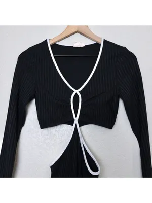 Showpo Ribbed Cutout Long Sleeve Midi Dress 2 Black White Bodycon thumbnail 4