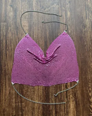 Women’s Pink Metal Sparkly Cowl Neck Backless Halter Crop Top thumbnail 1